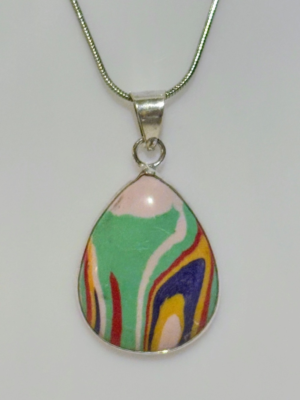 Sterling Silver Calsilica Multicolor Teardrop Pendant Necklace - 18” - Picture 2 of 3